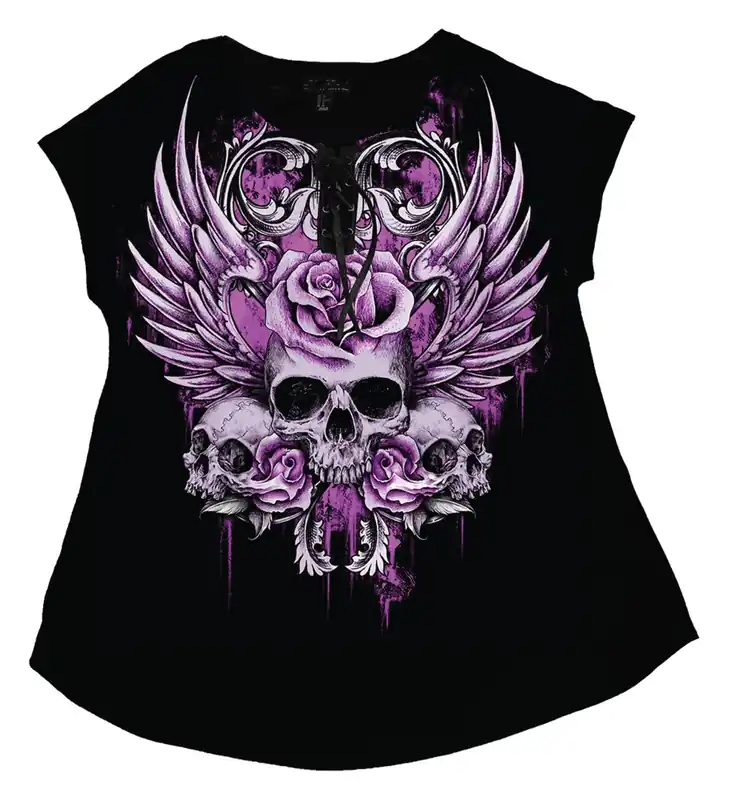 Lethal Angel Women's Rose Skull Lace Up Curvy Top Direct From Factory